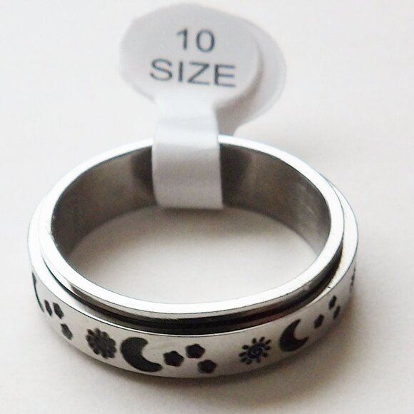 Stainless Steel Spinner Fidget Ring For Anxiety NEW Size 10 Moon & Stars Design - Picture 4 of 5